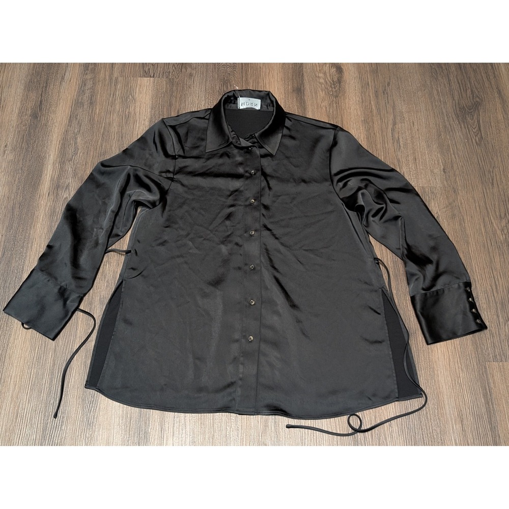 MDRN Black Satin Button Down Top Extra Large Tie‎ Waist Long Sleeve XL